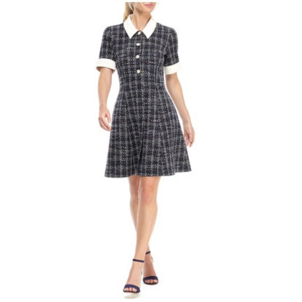 Gal Meets Glam Leslie Boucle Tweed Button Front Fit & Flare Shirt Dress Size 2 - Picture 2 of 7